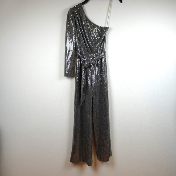 Alex Marie Silver Jumpsuit Women's Petite Size 4P Belted One Shoulder NEW - Picture 2 of 12